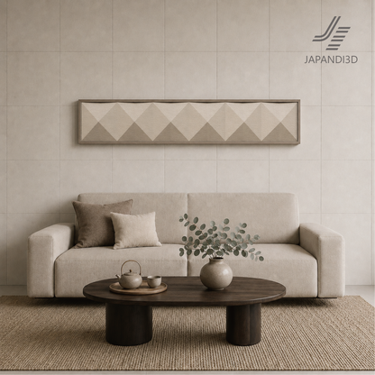 Wall Art Origami in Interior Scene - Wide Horizontal Panel Above Sofa - Japandi Minimalist Decor 3D Asset