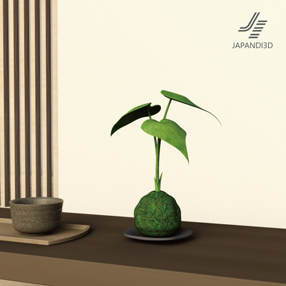 Kokedama moss ball 3D model in Japandi interior scene – FBX GLB for architectural visualization