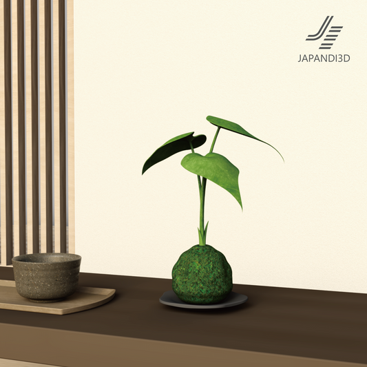 Kokedama moss ball 3D model in Japandi interior scene – FBX GLB for architectural visualization