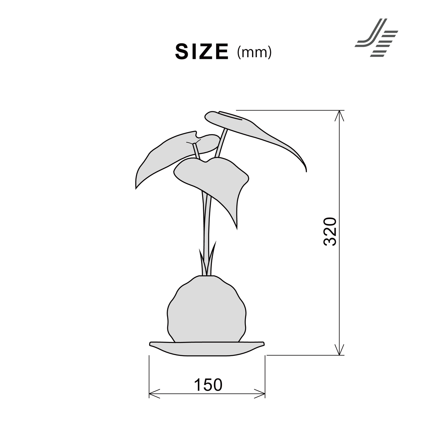 Kokedama 3D model dimensions – W150 × H320mm, real scale