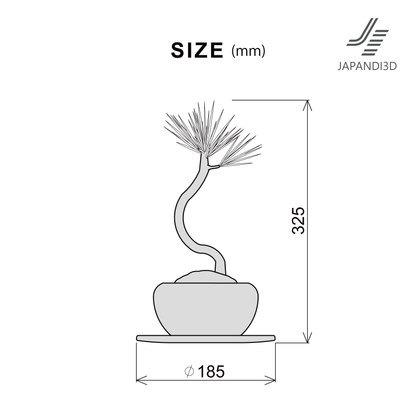 Pine bonsai 3D model dimensions – total height 325mm, pot diameter φ185mm, FBX GLB