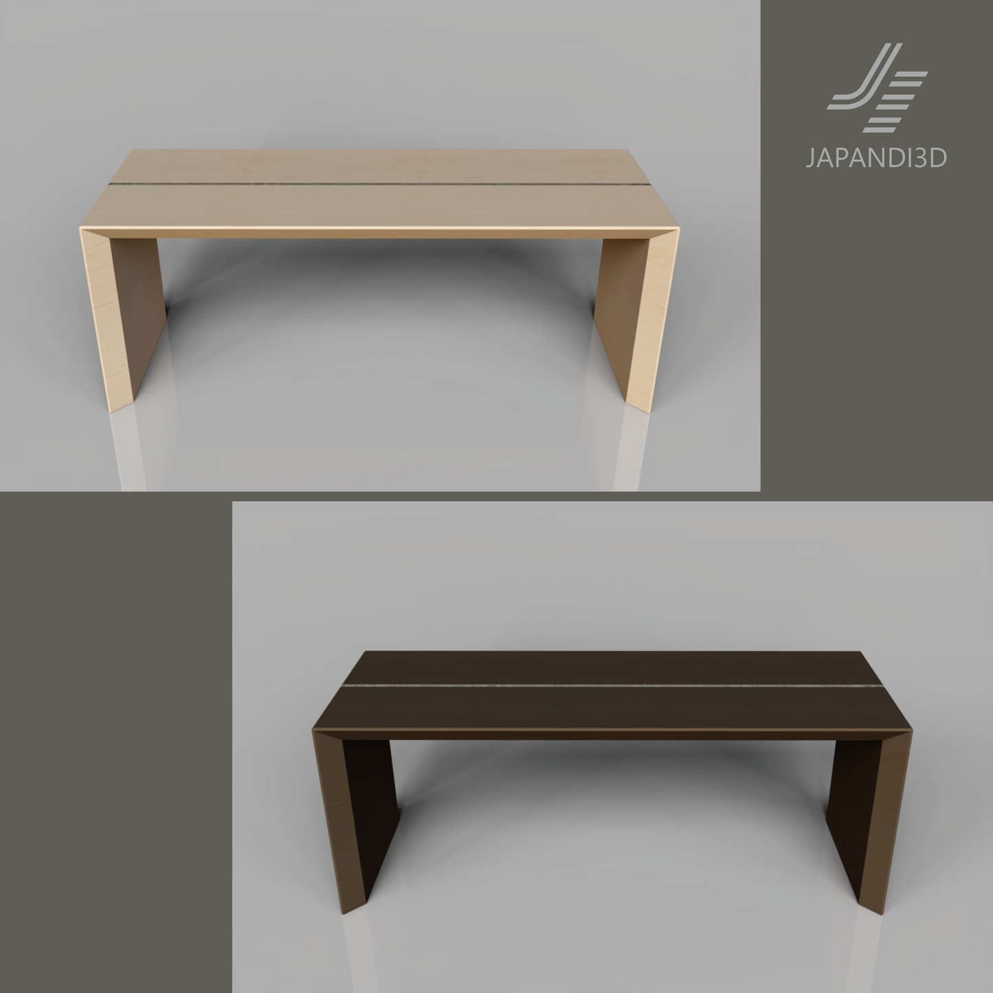 Wood Line Bench W1100 3D model, wooden bench with single accent groove line, Light and Dark colors, FBX GLB assets for Japandi interior rendering