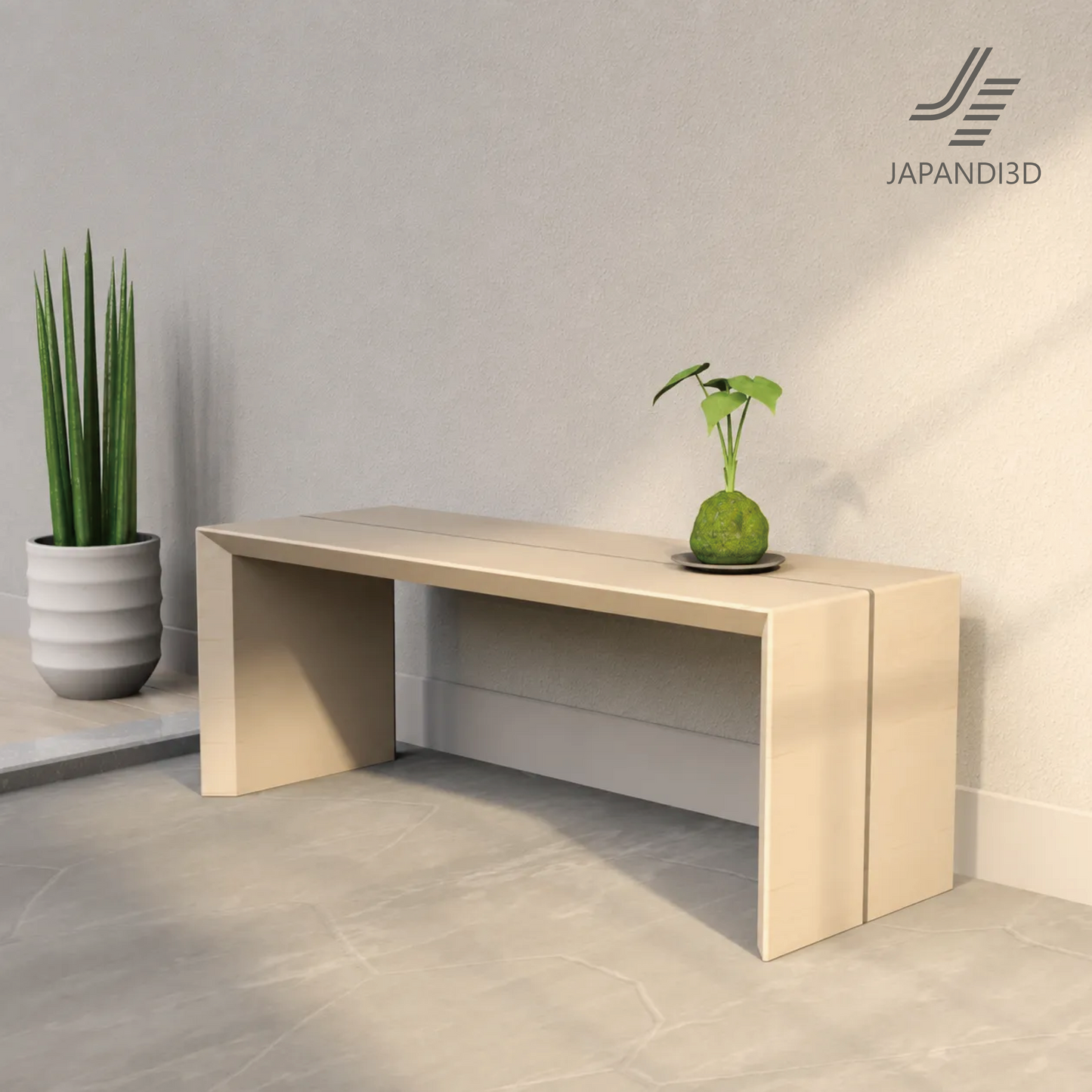 Wood Line Bench W1100 styling scene, minimal wooden entrance bench W1100 D400 H420, Japandi and wa-modern interiors, 3D model FBX GLB