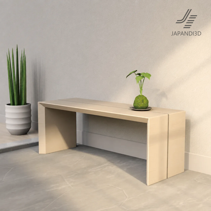 Wood Line Bench W1100 styling scene, minimal wooden entrance bench W1100 D400 H420, Japandi and wa-modern interiors, 3D model FBX GLB