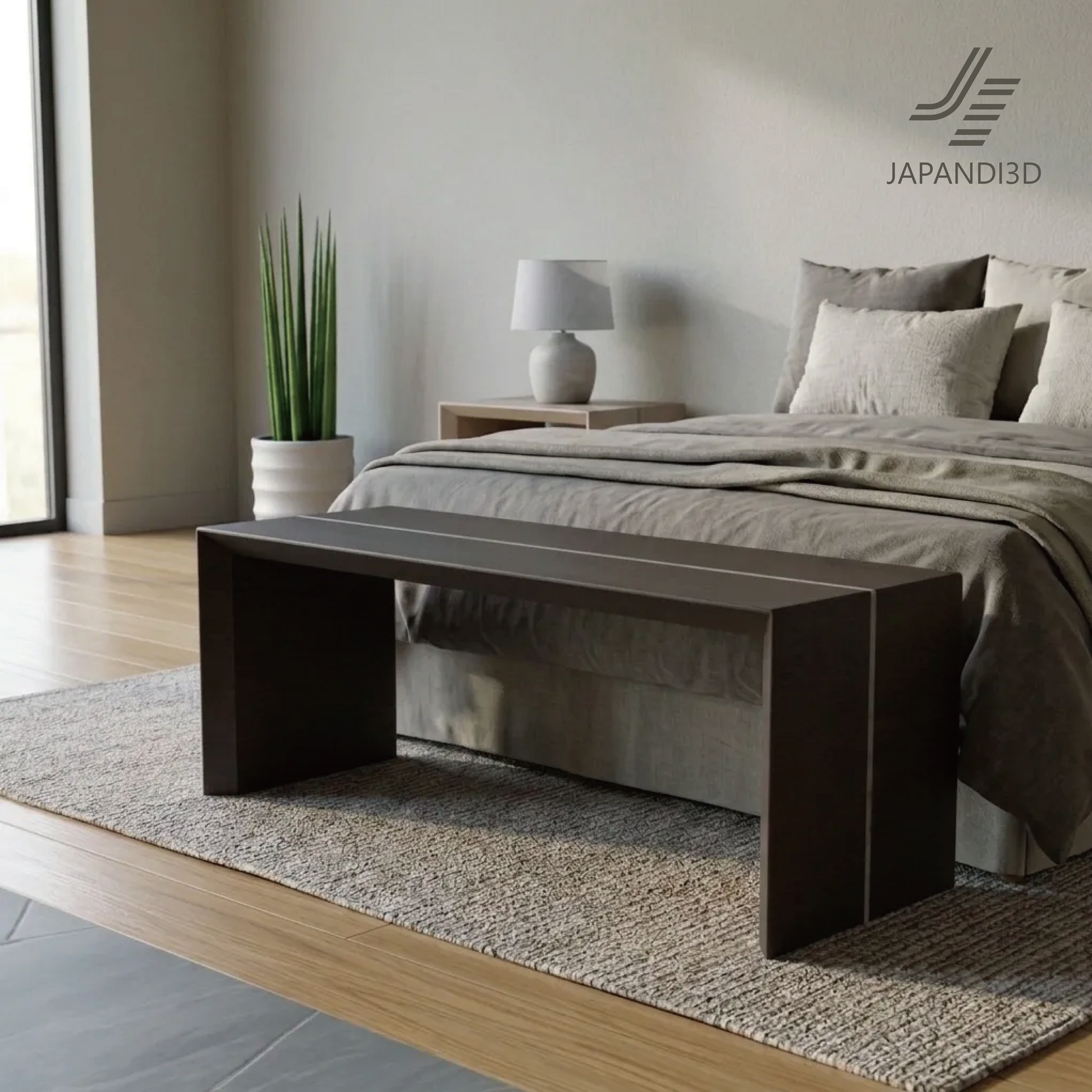 Wood Line Bench W1100 bedroom scene, wooden bench at foot of bed, 3D model FBX GLB for interior visualization