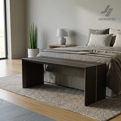 Wood Line Bench W1100 bedroom scene, wooden bench at foot of bed, 3D model FBX GLB for interior visualization