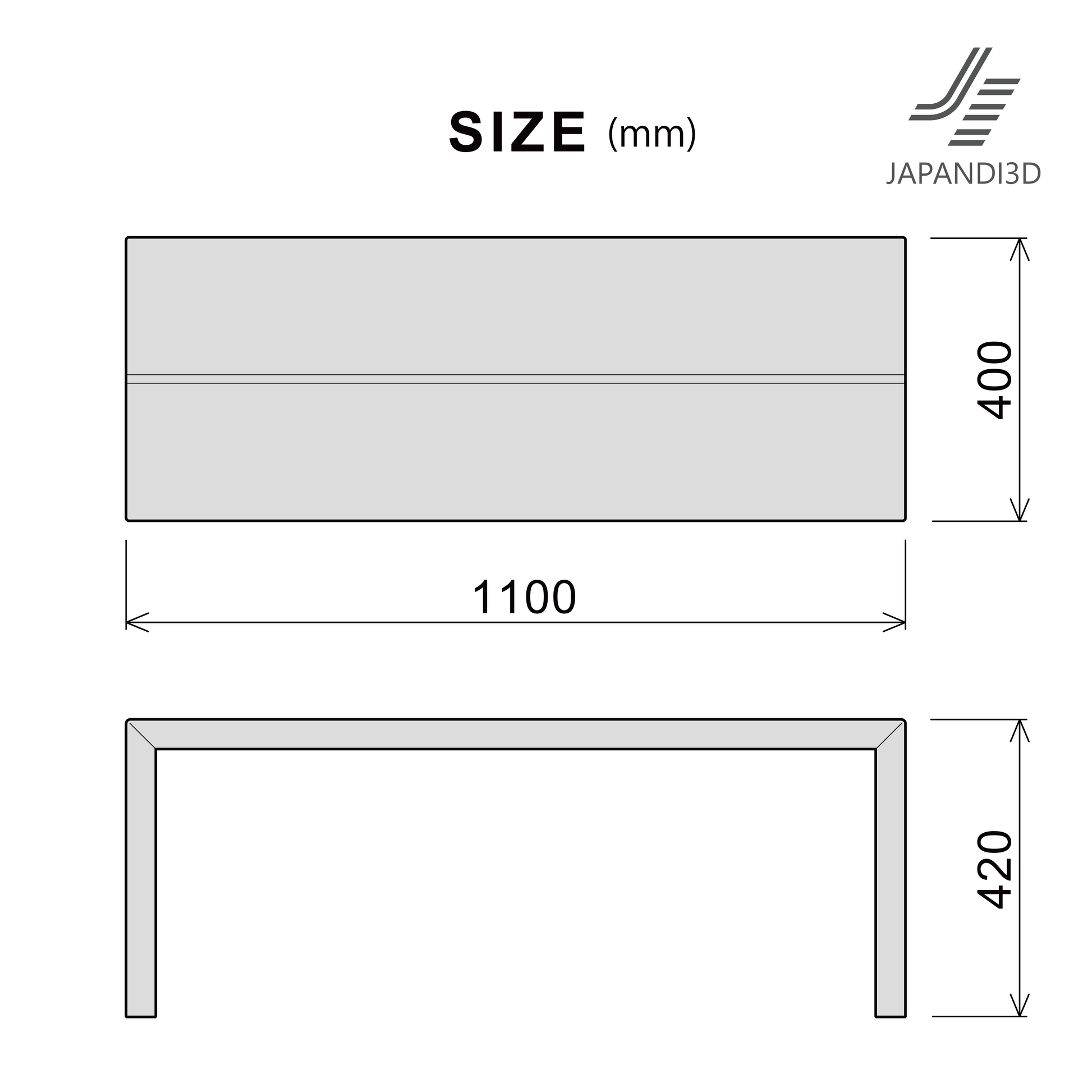 Wood Line Bench dimensions chart, W1100 D400 H420, 3D model FBX GLB for interior rendering