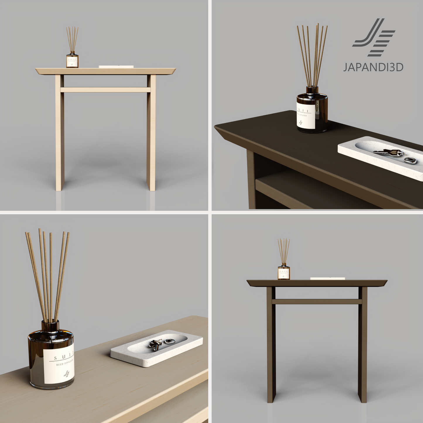 Console Table W900 D290 H800mm – Light and Dark color set, Japandi console table 3D model FBX GLB for architectural visualization
