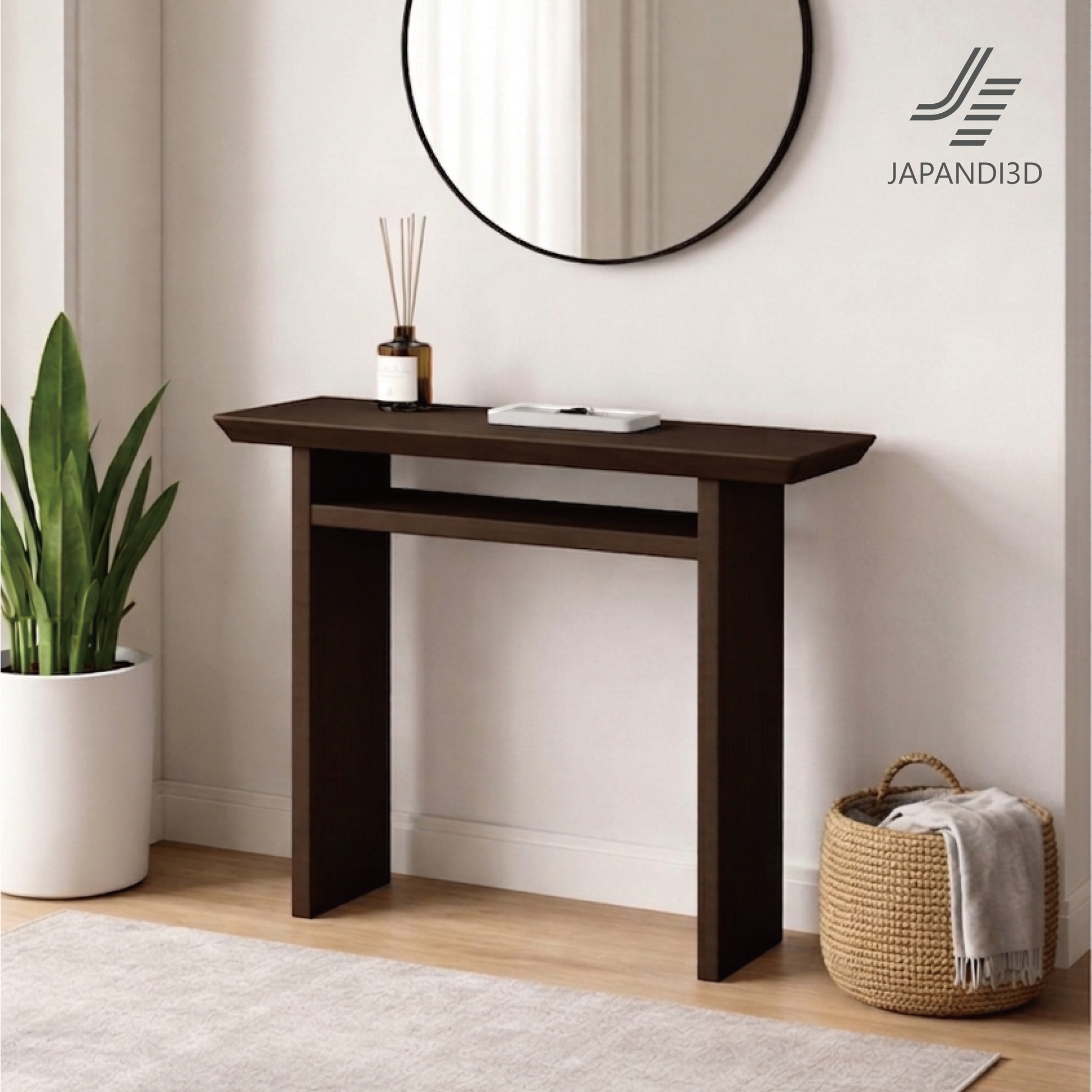 Console Table W900 D290 H800mm Dark – Japandi console table 3D model in entryway scene with mirror and plant, FBX GLB