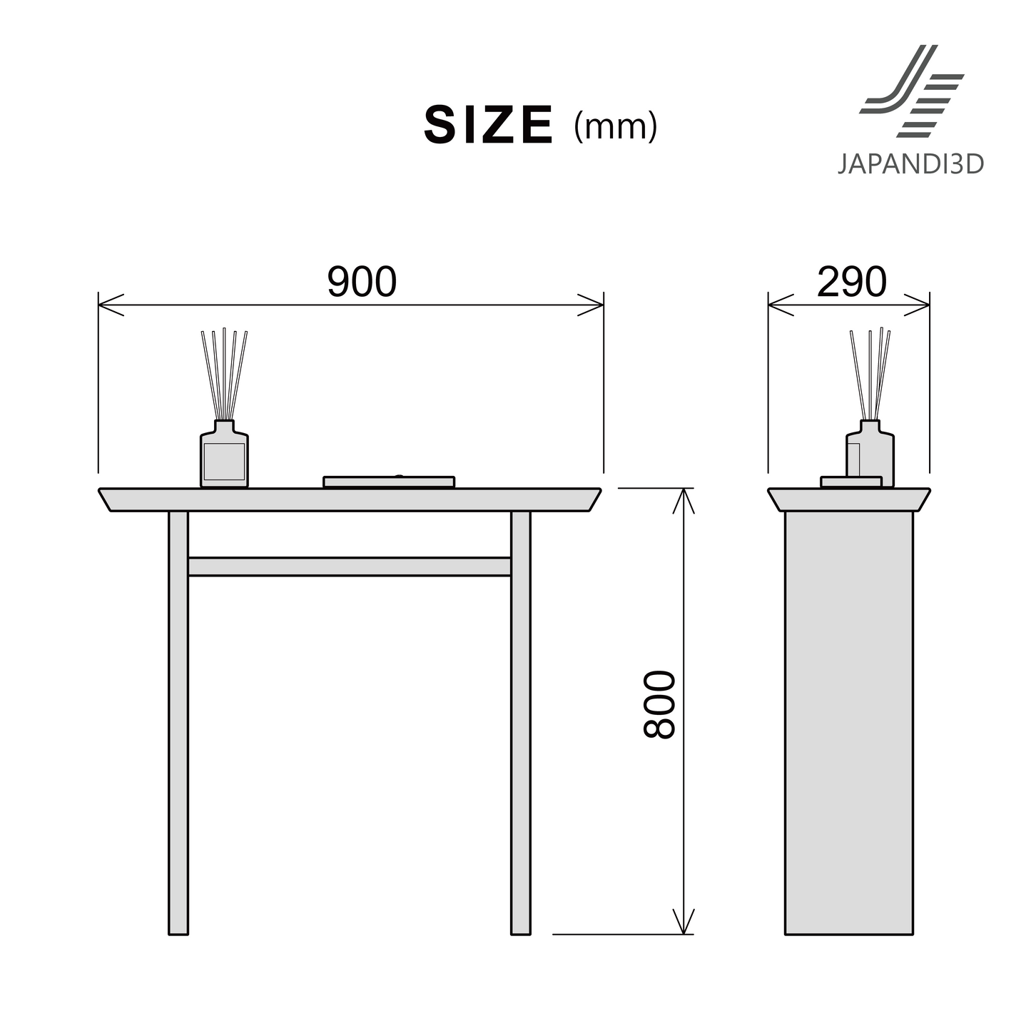 Console Table – size reference sheet, W900 D290 H800mm