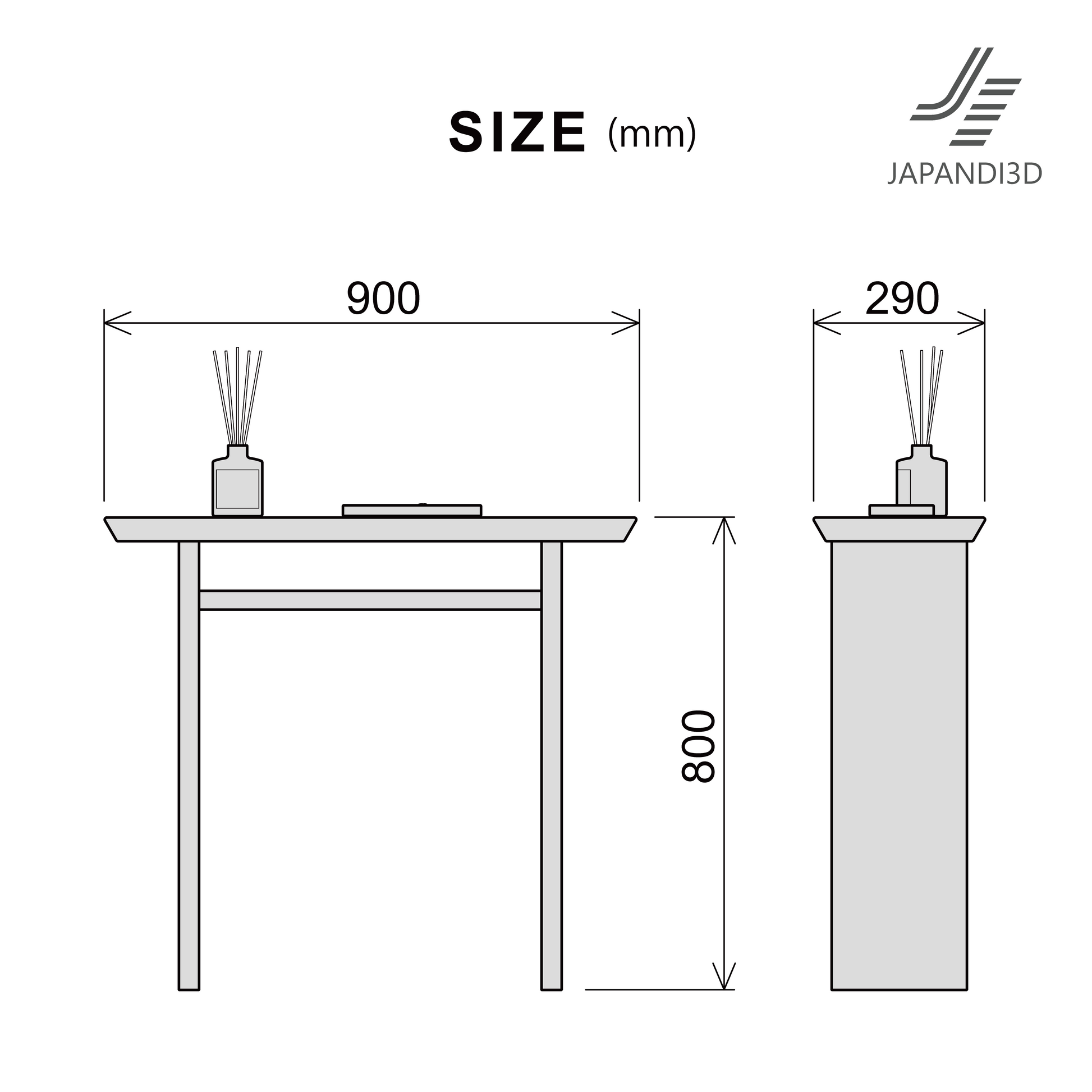 Console Table – size reference sheet, W900 D290 H800mm
