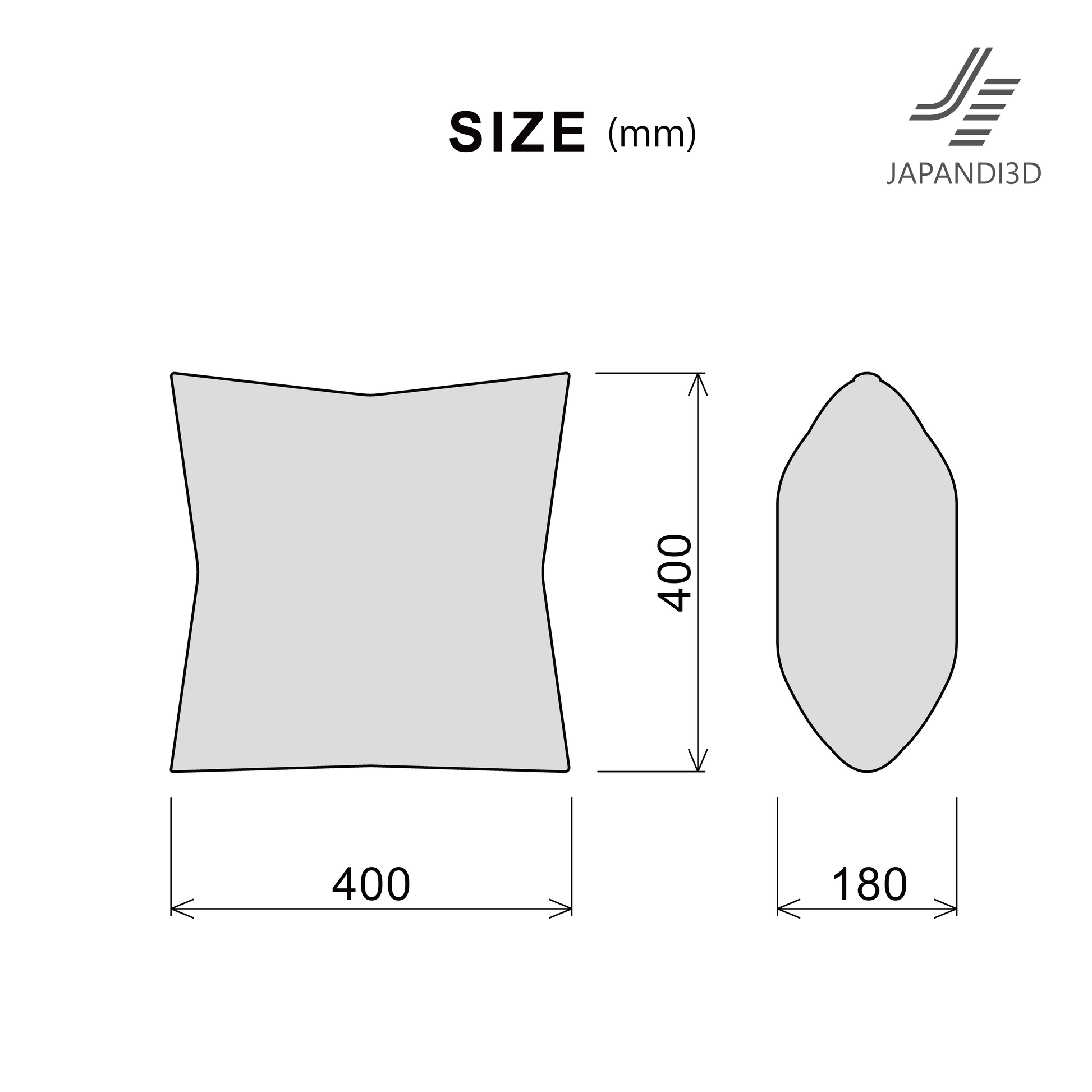 Square cushion size chart showing dimensions W400 × H400 × D180 mm for JAPANDI3D cushion model.