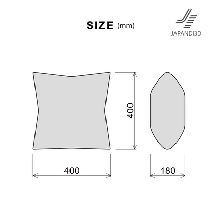 Square cushion size chart showing dimensions W400 × H400 × D180 mm for JAPANDI3D cushion model.