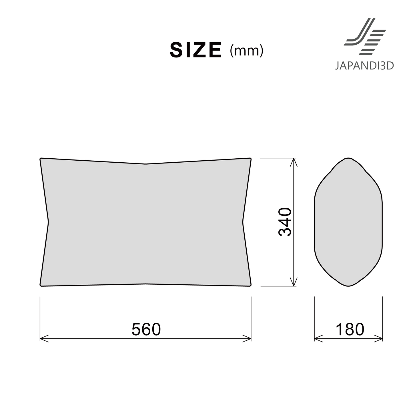 Rectangular cushion size chart showing dimensions W560 × H340 × D180 mm for JAPANDI3D cushion model.