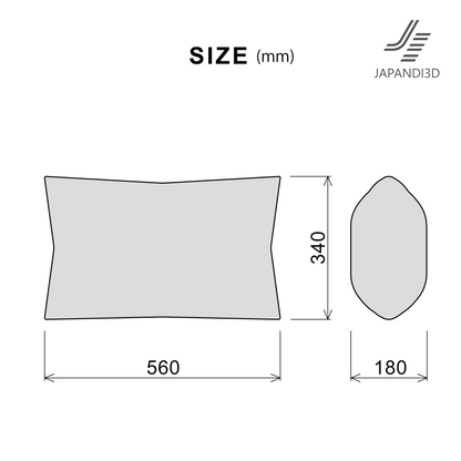 Rectangular cushion size chart showing dimensions W560 × H340 × D180 mm for JAPANDI3D cushion model.