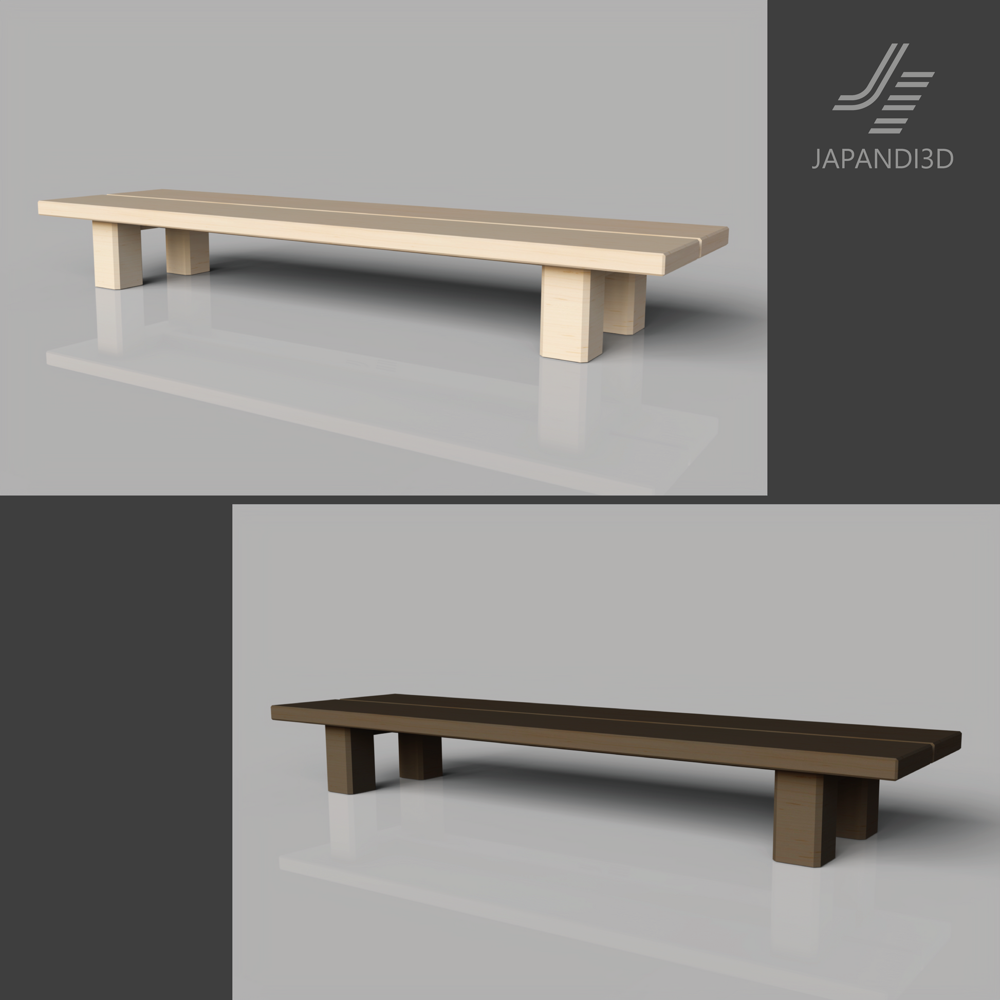 Display Table W1500 3D model, thin tabletop with thick legs, low console table for object and art book display, FBX GLB assets for Japandi interior rendering