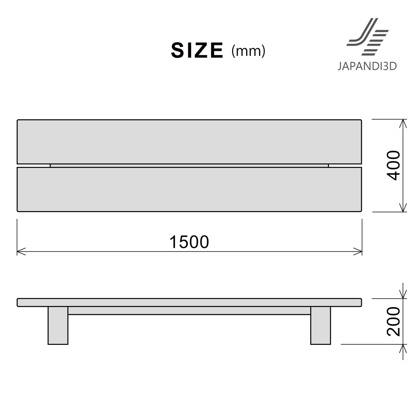 Display Table dimensions chart, W1500 D400 H200, 3D model FBX GLB for interior rendering