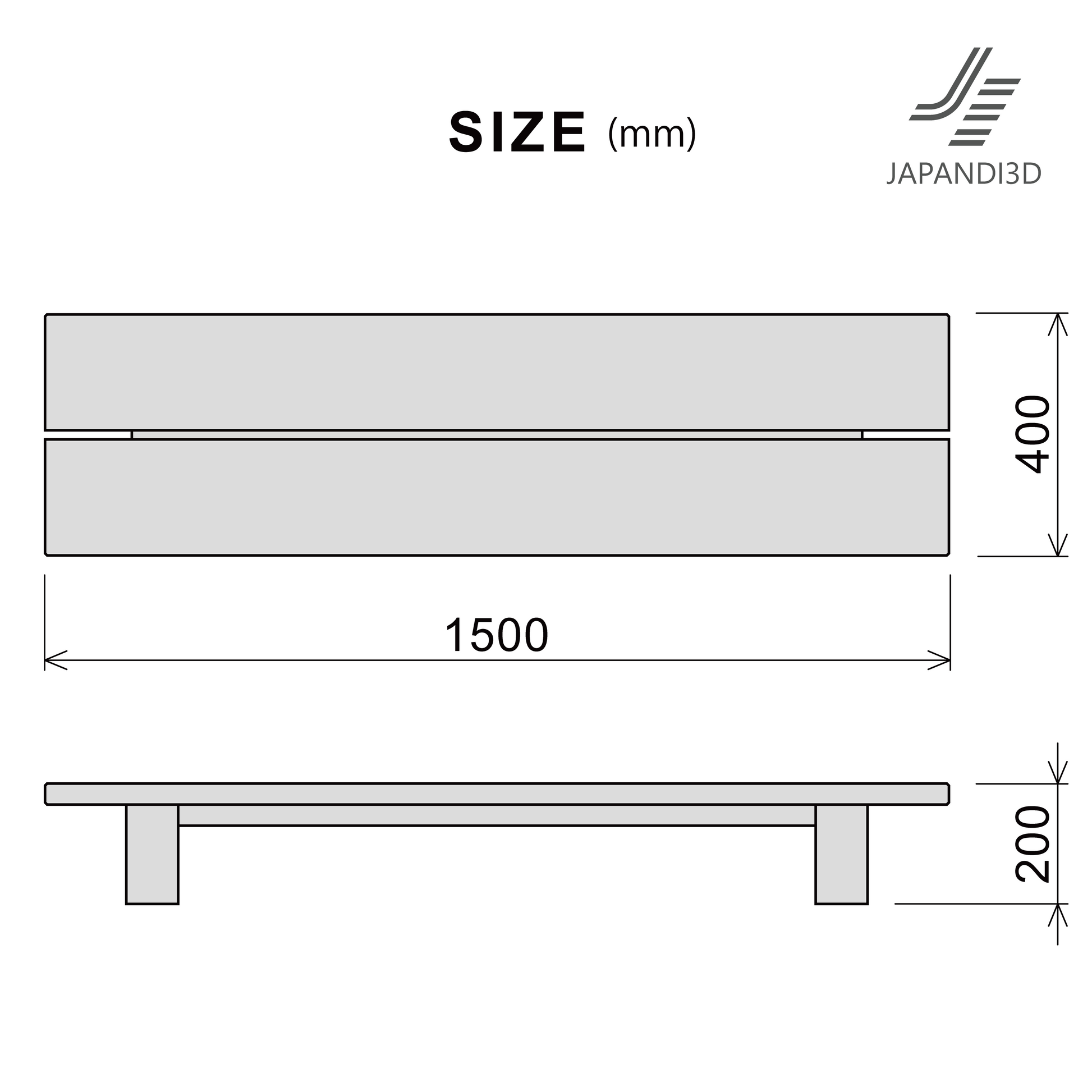 Display Table dimensions chart, W1500 D400 H200, 3D model FBX GLB for interior rendering