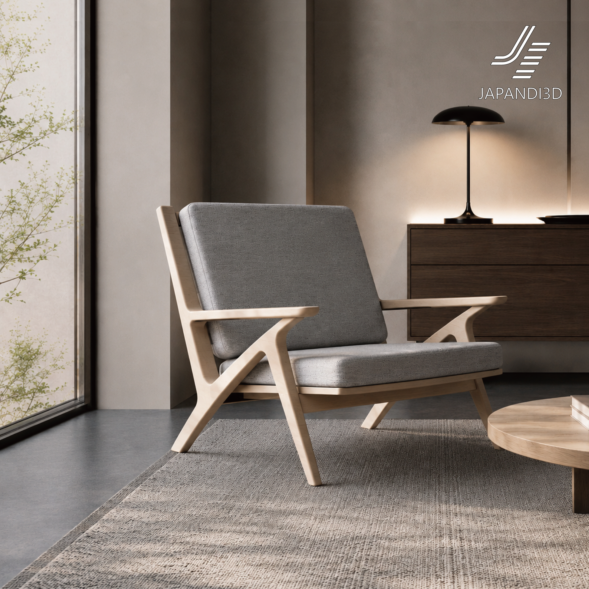 Lounge Chair W750×D800×H700 Light – 3D model in Japandi living room scene with warm lighting, FBX/GLB