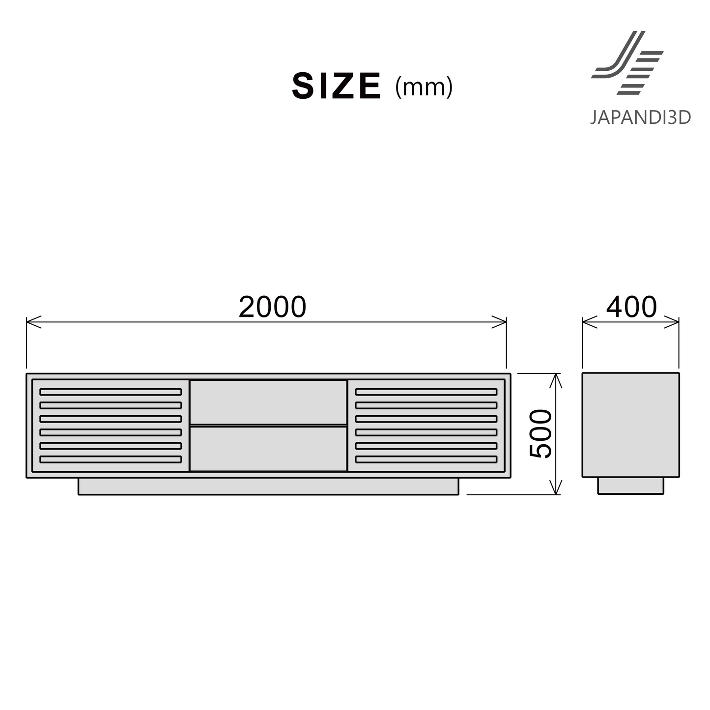 TV board W2000 dimensions diagram – W2000 D400 H500mm