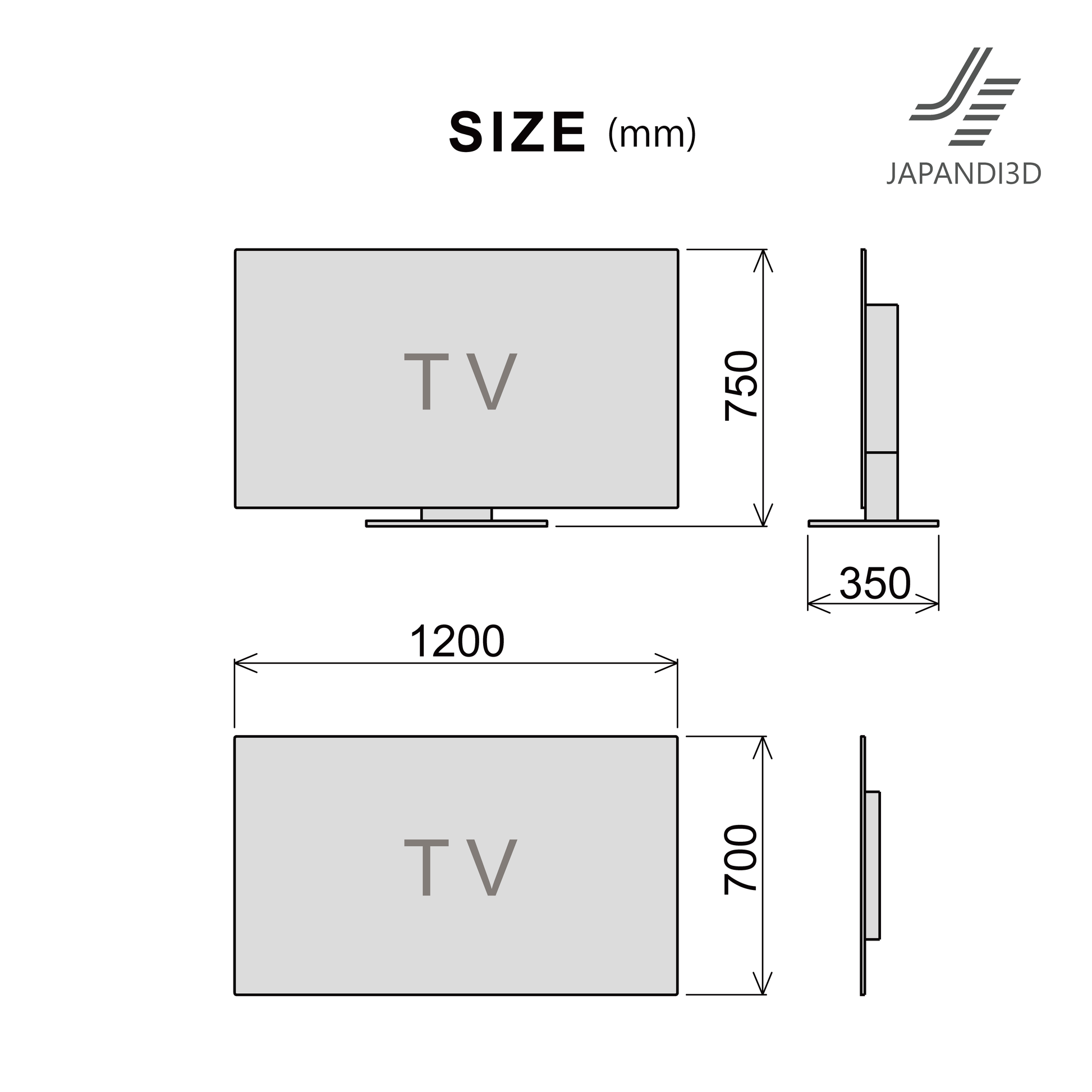 Television dimensions diagram – freestanding W1200 D350 H750mm