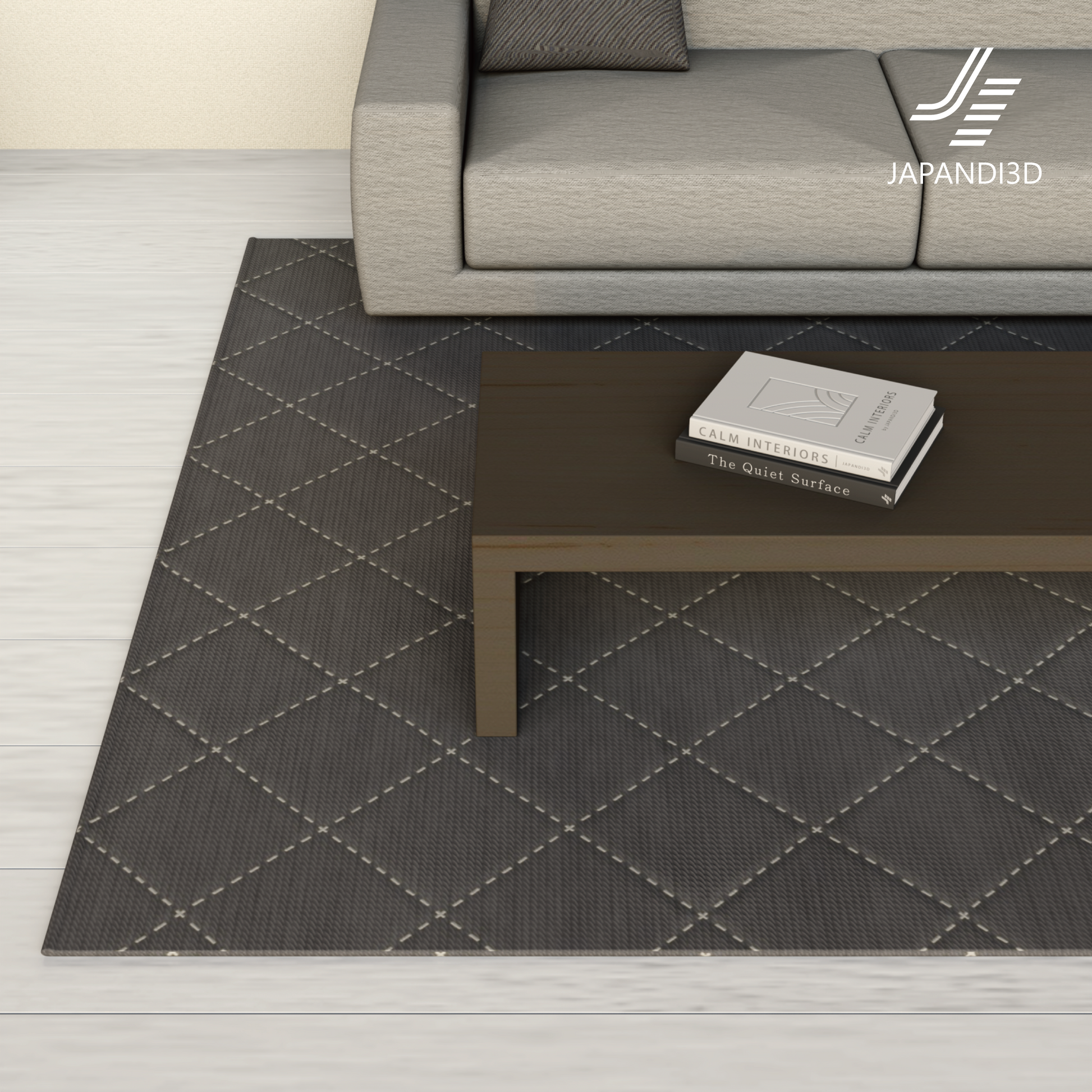 Diamond Stitch Rug Gray in Living Room - Geometric Pattern on Wood Floor - 3D Model FBX GLB