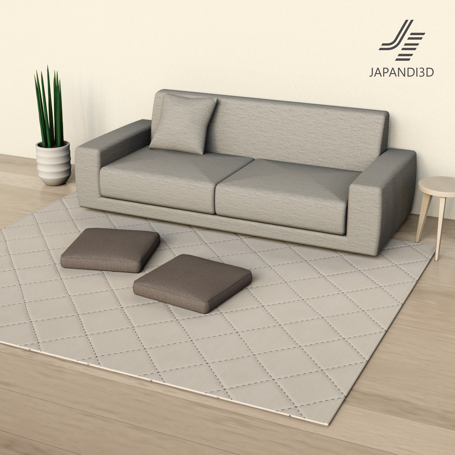 Diamond Stitch Rug Ivory with Sofa and Cushions - Japandi Modern Interior - 3D Asset for Archviz