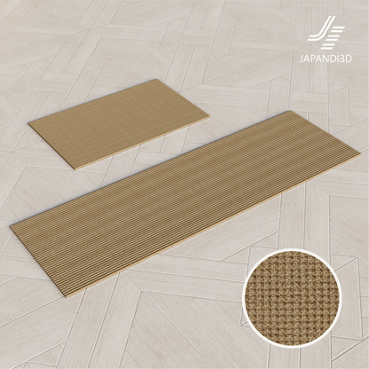 Jute Floor Mat 3D model, natural woven jute rug in 2 sizes 800x500 and 1600x500 with fiber weave close-up, FBX GLB assets for Japandi interior rendering
