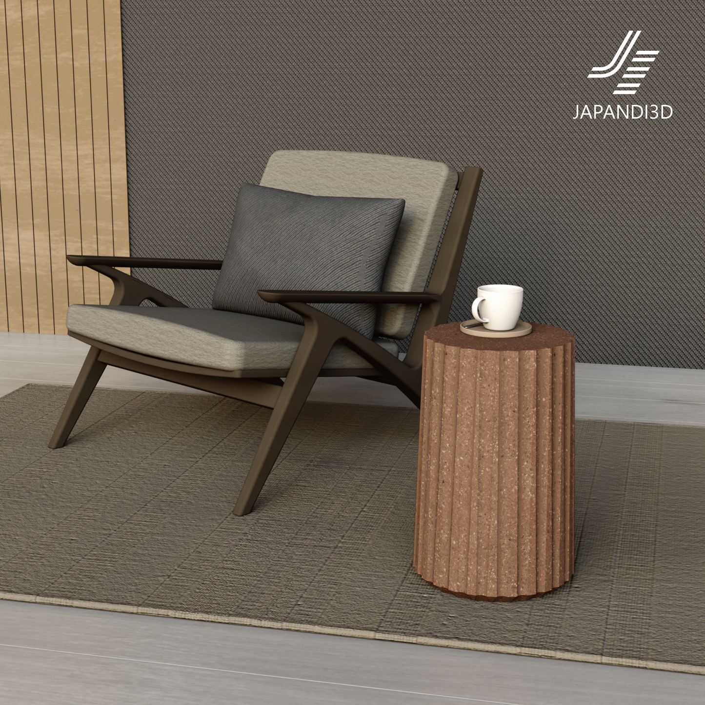 Stone Side Table in Living Room Scene - Ribbed Texture Design - Modern Furniture 3D Asset