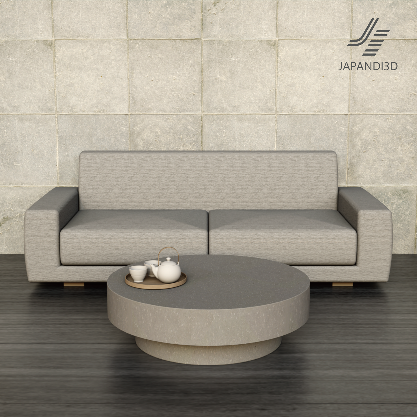 Japandi Style Sofa W2000 Light Version in Modern Living Room - Beige Fabric - 3D Model for Architecture Visualization