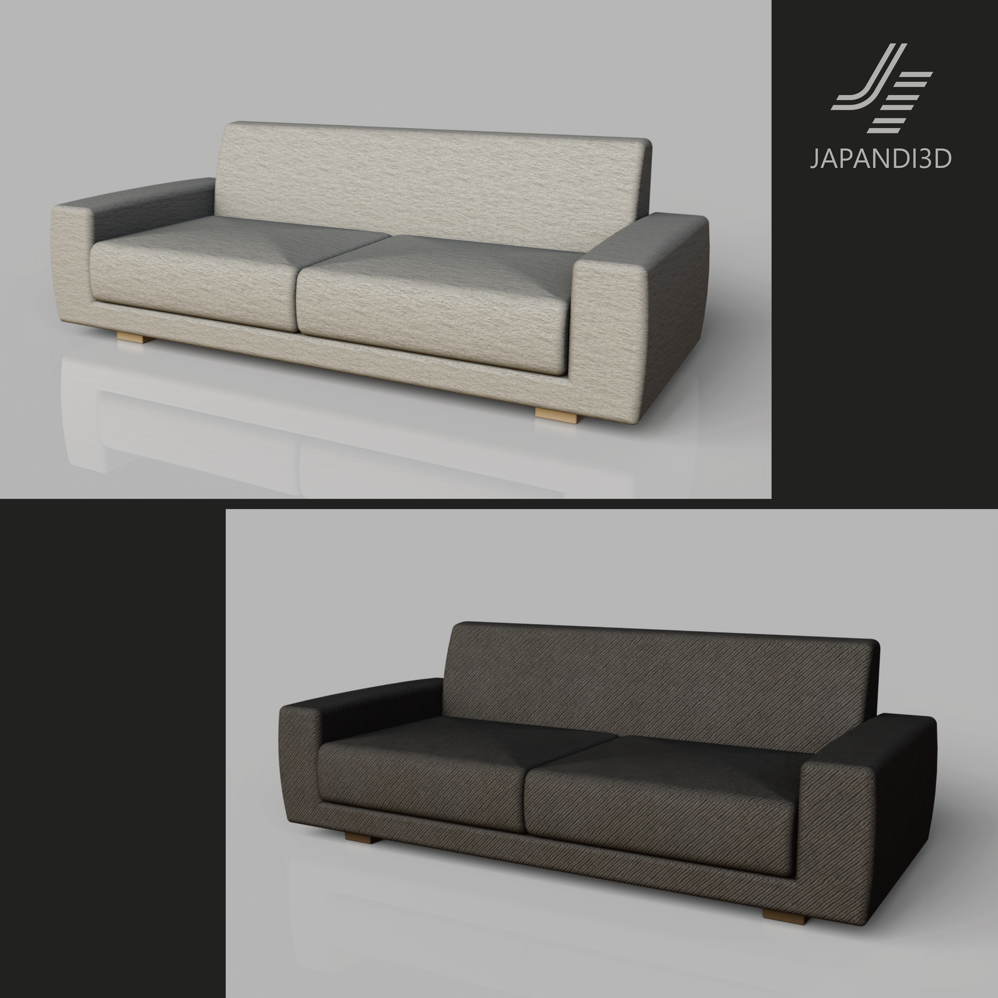 Japandi Style Sofa W2000 in Modern Living Room - Light Fabric - 3D Model for Architecture Visualization FBX GLB