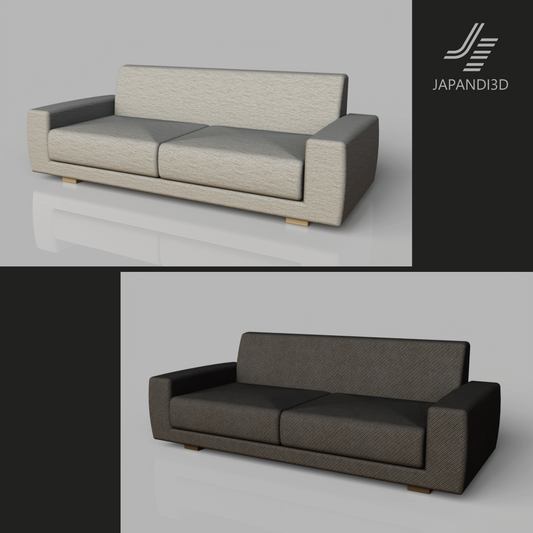 Japandi Style Sofa W2000 in Modern Living Room - Light Fabric - 3D Model for Architecture Visualization FBX GLB