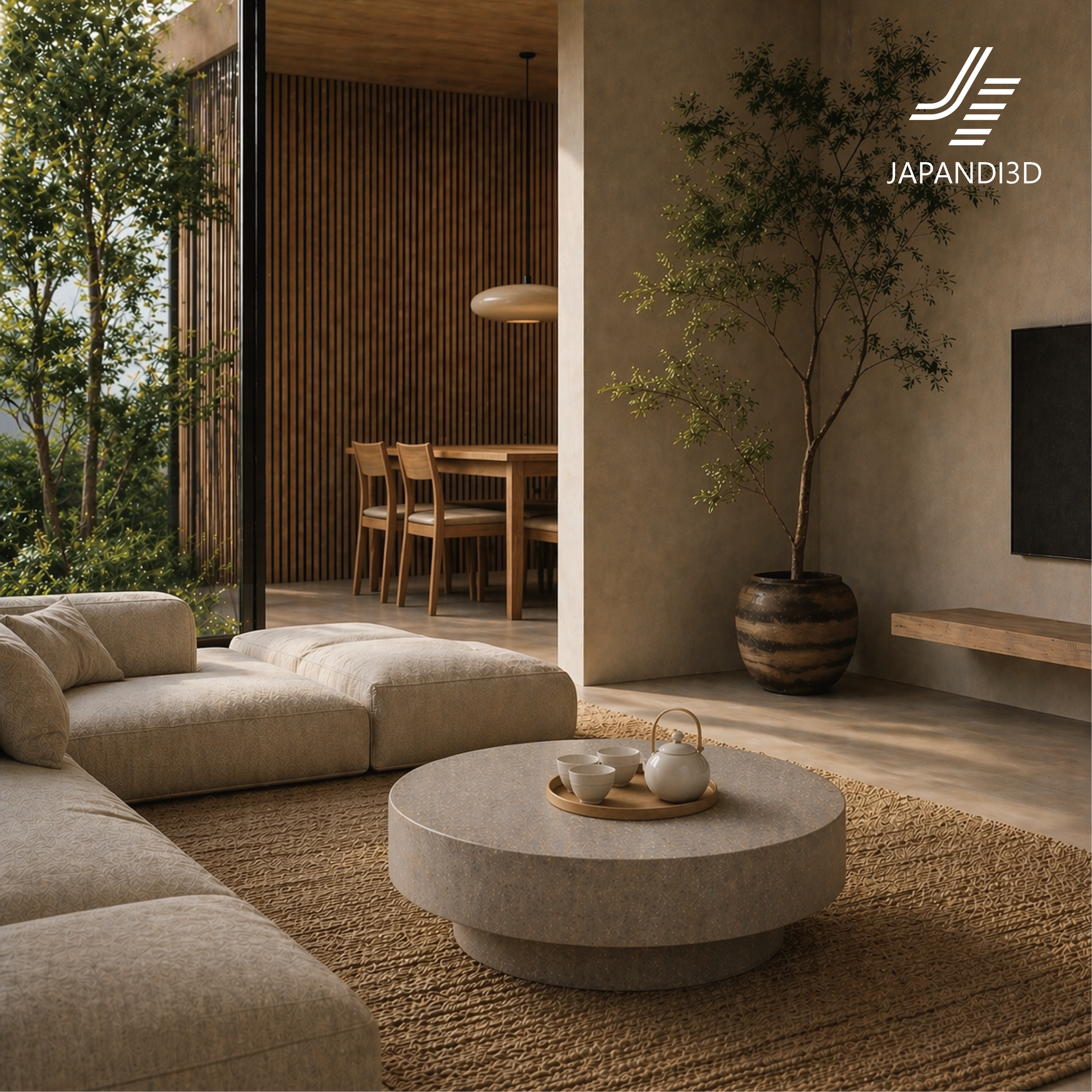 Stone Coffee Table φ900 H340 3D model FBX GLB Japandi living room rendering