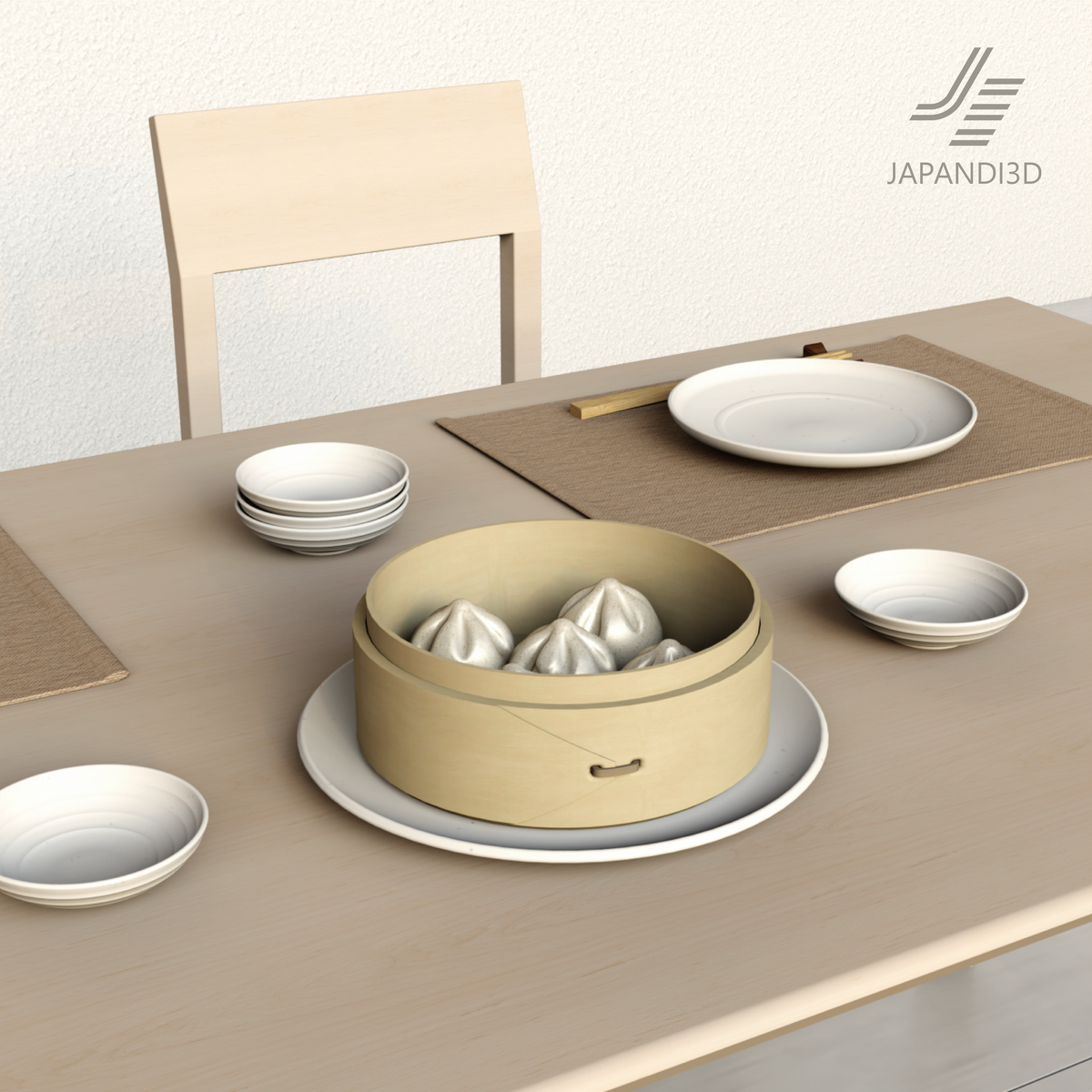 Bamboo Steamer (SEIRO) 3D model in a Japandi dining scene - open steamer with steamed buns among dining place settings