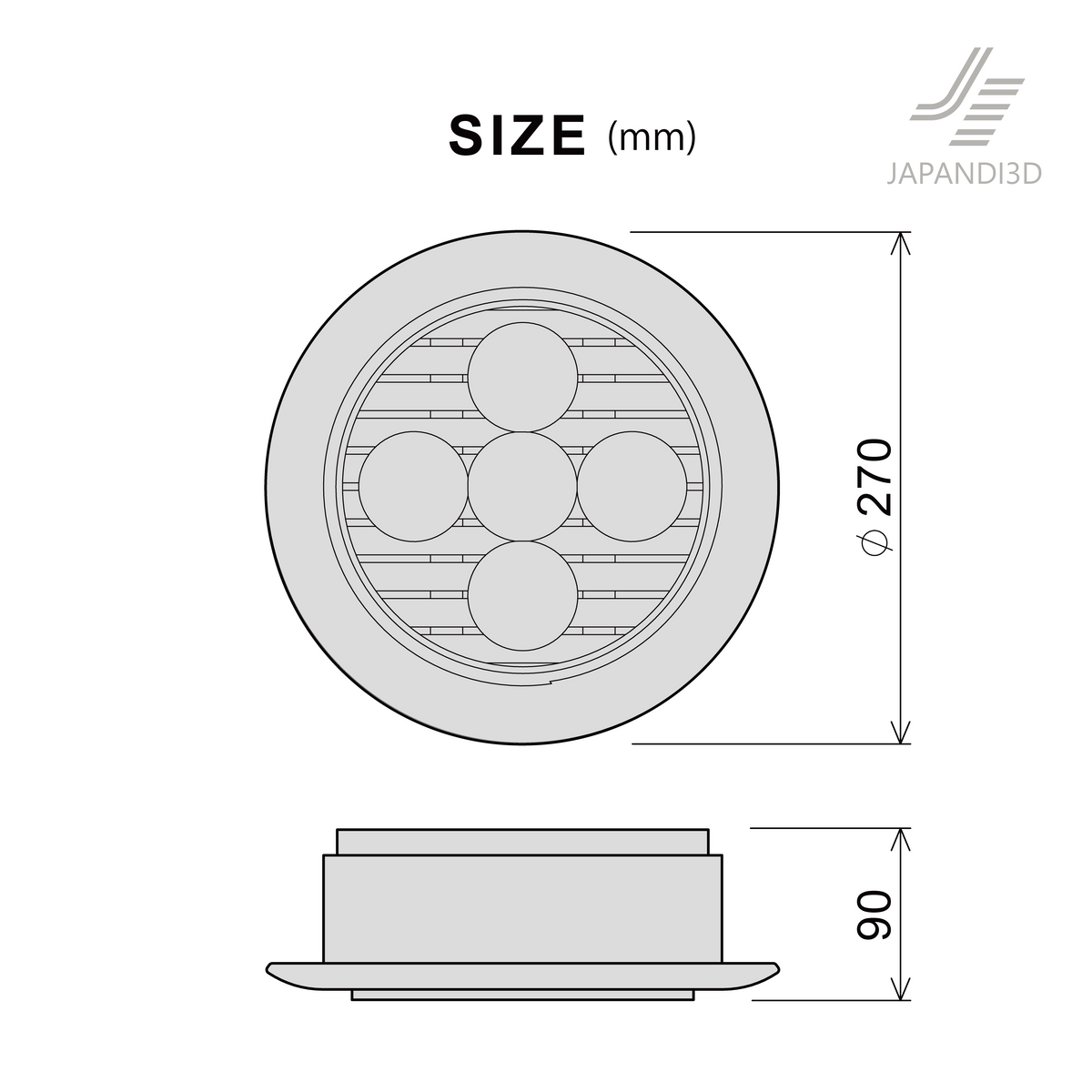 Bamboo Steamer (SEIRO) size chart - Open, Dia. 270 x H90 mm