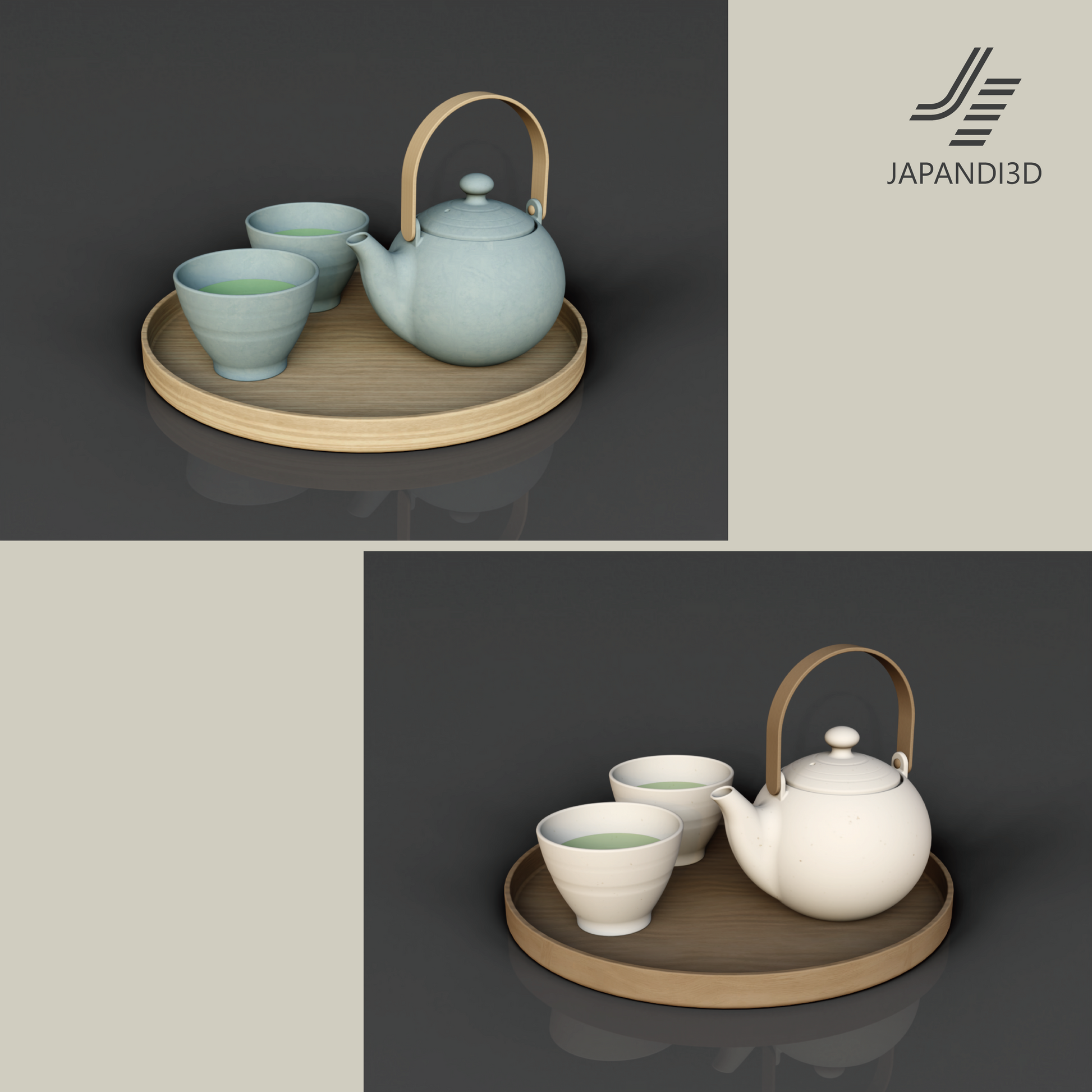 Japanese Tea Set Summer and Winter Versions - Cool Blue and Warm White - Teapot Cups on Wooden Tray