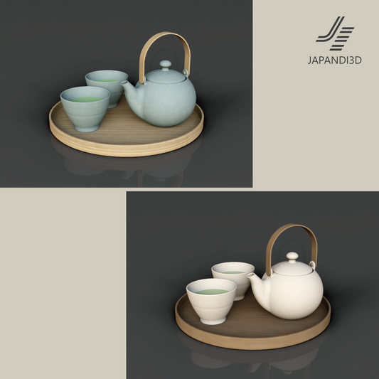 Japanese Tea Set Summer and Winter Versions - Cool Blue and Warm White - Teapot Cups on Wooden Tray