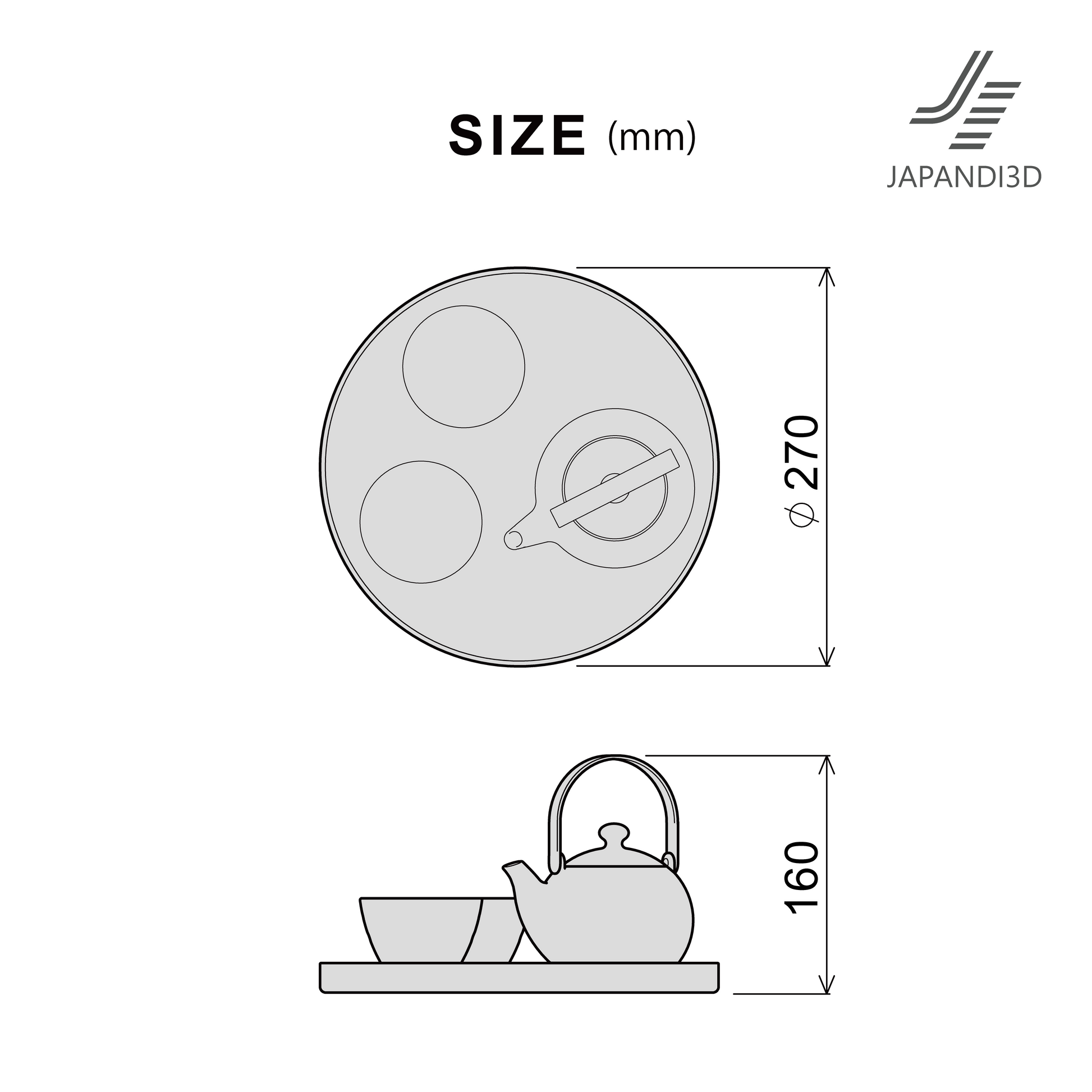 Japanese tea set 3D model dimensions – φ270 × H160mm scale reference
