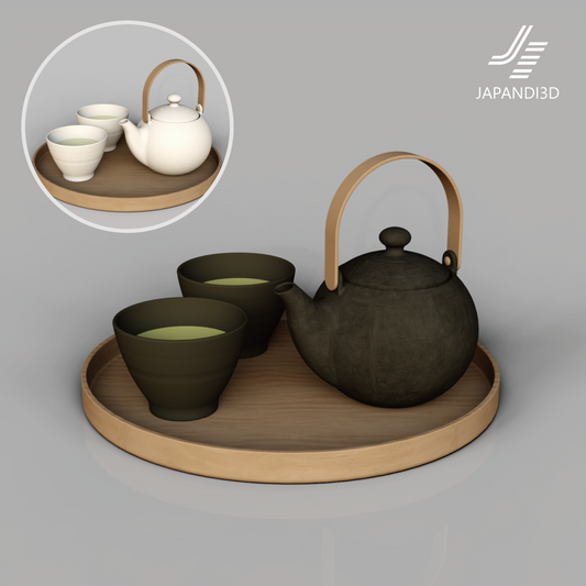 Japanese tea set 3D model – teapot, cups and round wooden tray, Japandi style render