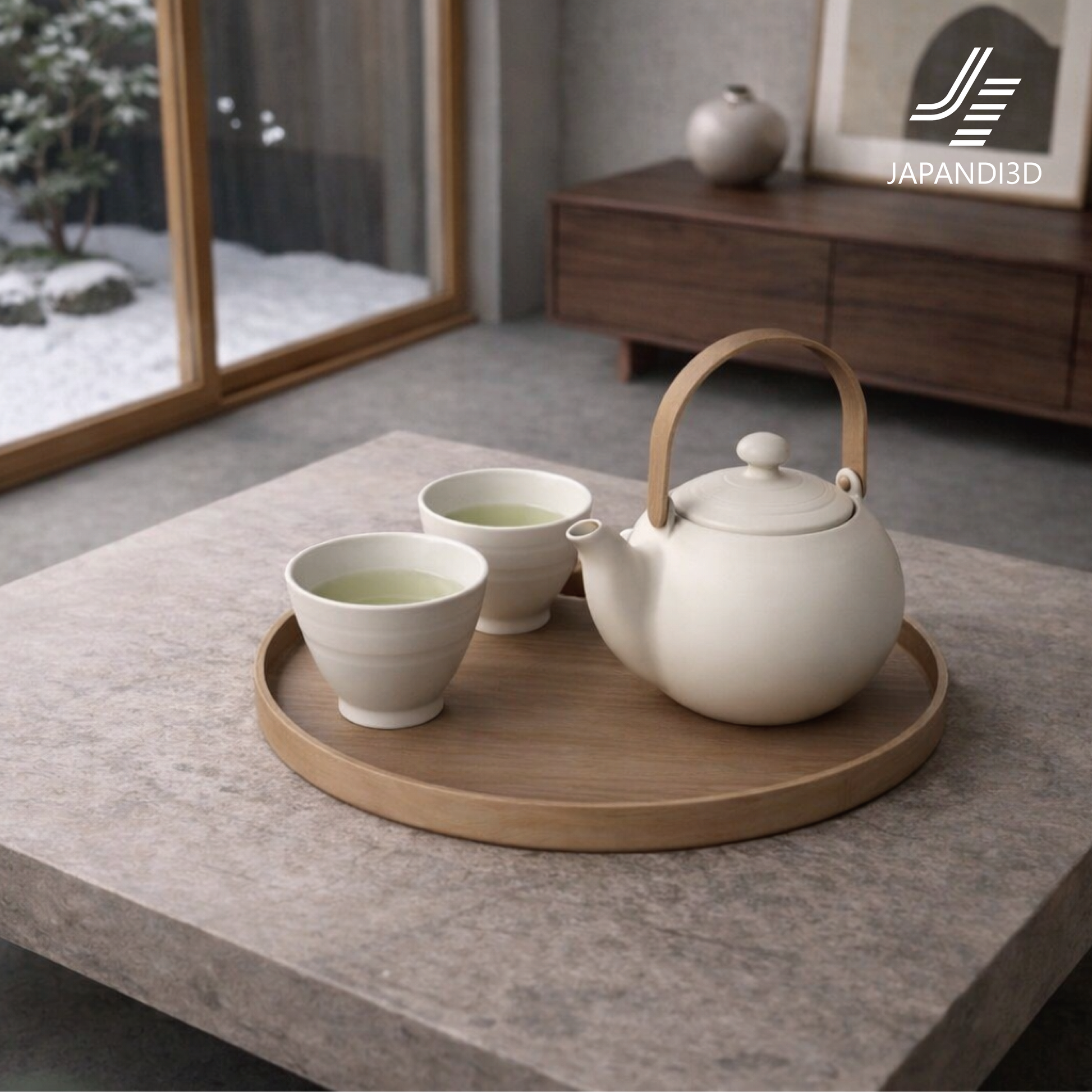 Japanese tea set 3D model – alternate view, ceramic teapot and cups on wooden tray