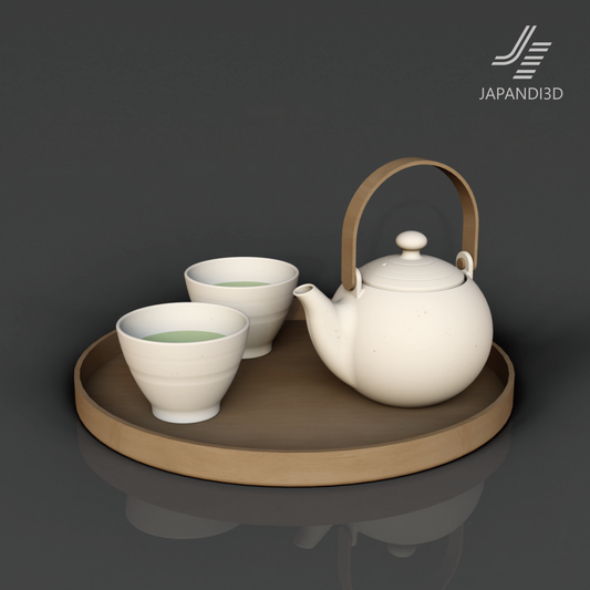 Japanese Tea Set 3D model, white ceramic teapot with wooden handle and three tea cups on round wooden tray, 290 x 160 mm, dark gray background, FBX GLB formats, for Japandi interior rendering