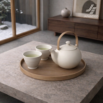 Japanese Tea Set 3D model in living room scene, teapot and tea cups on wooden tray placed on beige rug, low wooden sideboard and warm neutral wall, Japandi interior rendering, FBX GLB formats