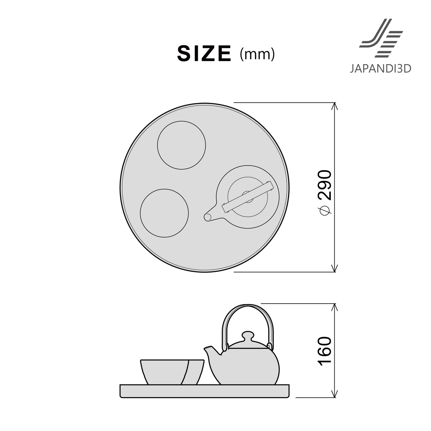 Japanese Tea Set 3D model dimension chart, 290 mm diameter tray and 160 mm height, top and side view size reference for FBX GLB 3D asset