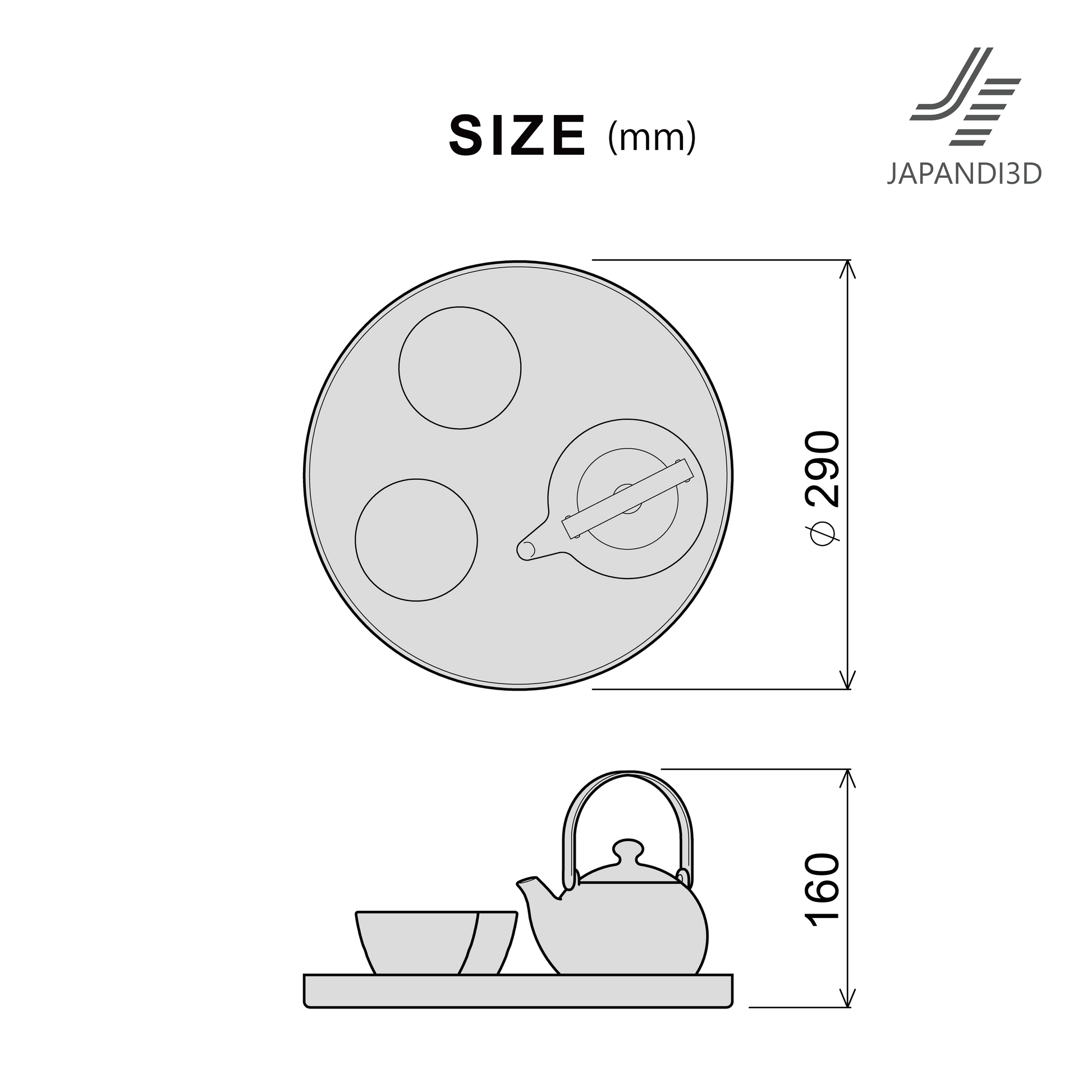 Japanese Tea Set 3D model dimension chart, 290 mm diameter tray and 160 mm height, top and side view size reference for FBX GLB 3D asset