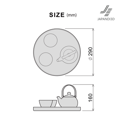 Japanese Tea Set 3D model dimension chart, 290 mm diameter tray and 160 mm height, top and side view size reference for FBX GLB 3D asset