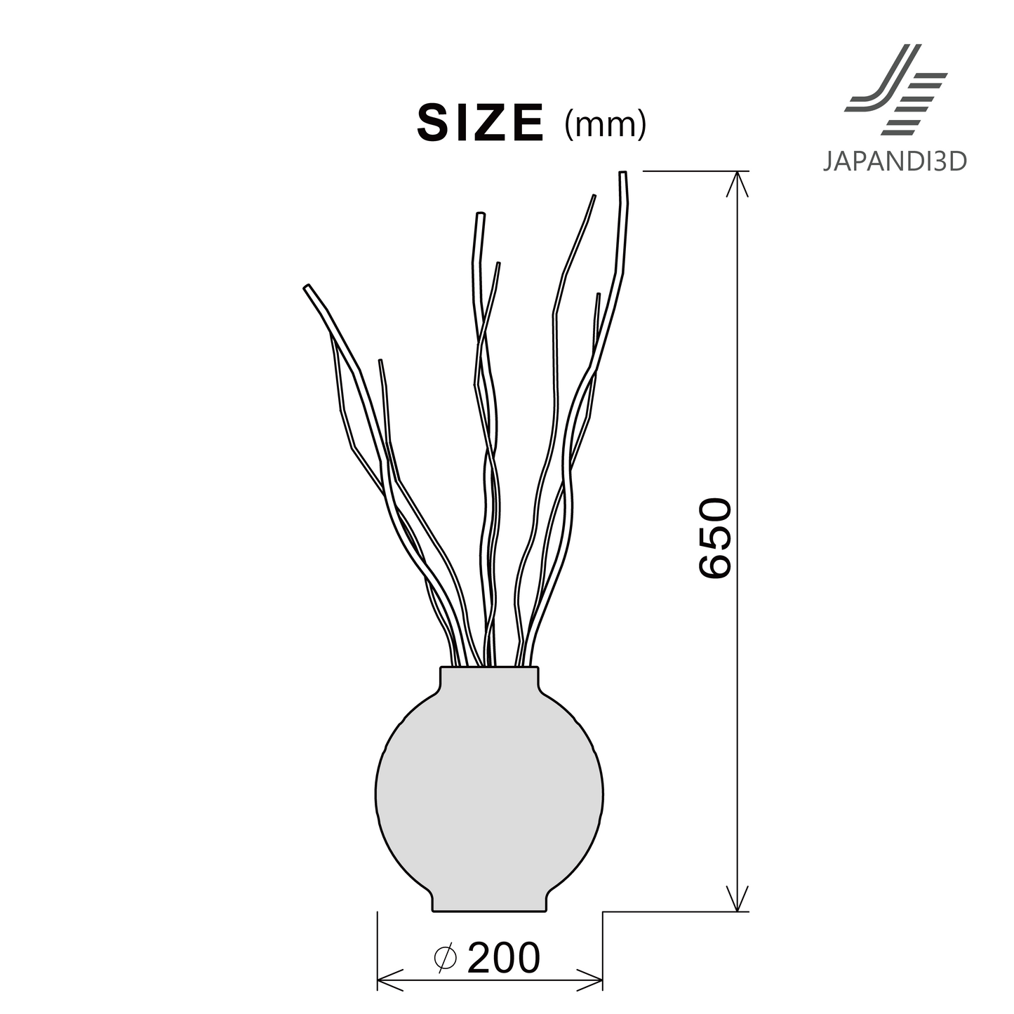 Decorative Branches Size Chart - Dimensions Height 650mm Diameter 200mm - Specifications