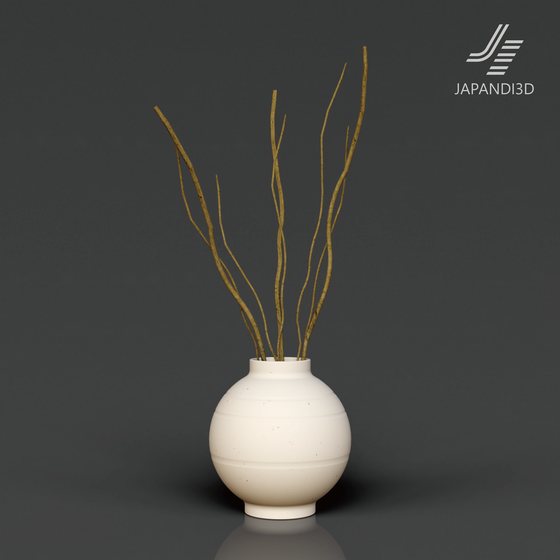 Decorative Branches with Vase 3D Model - Organic Branch Lines and Round Vessel - Japandi Interior FBX GLB