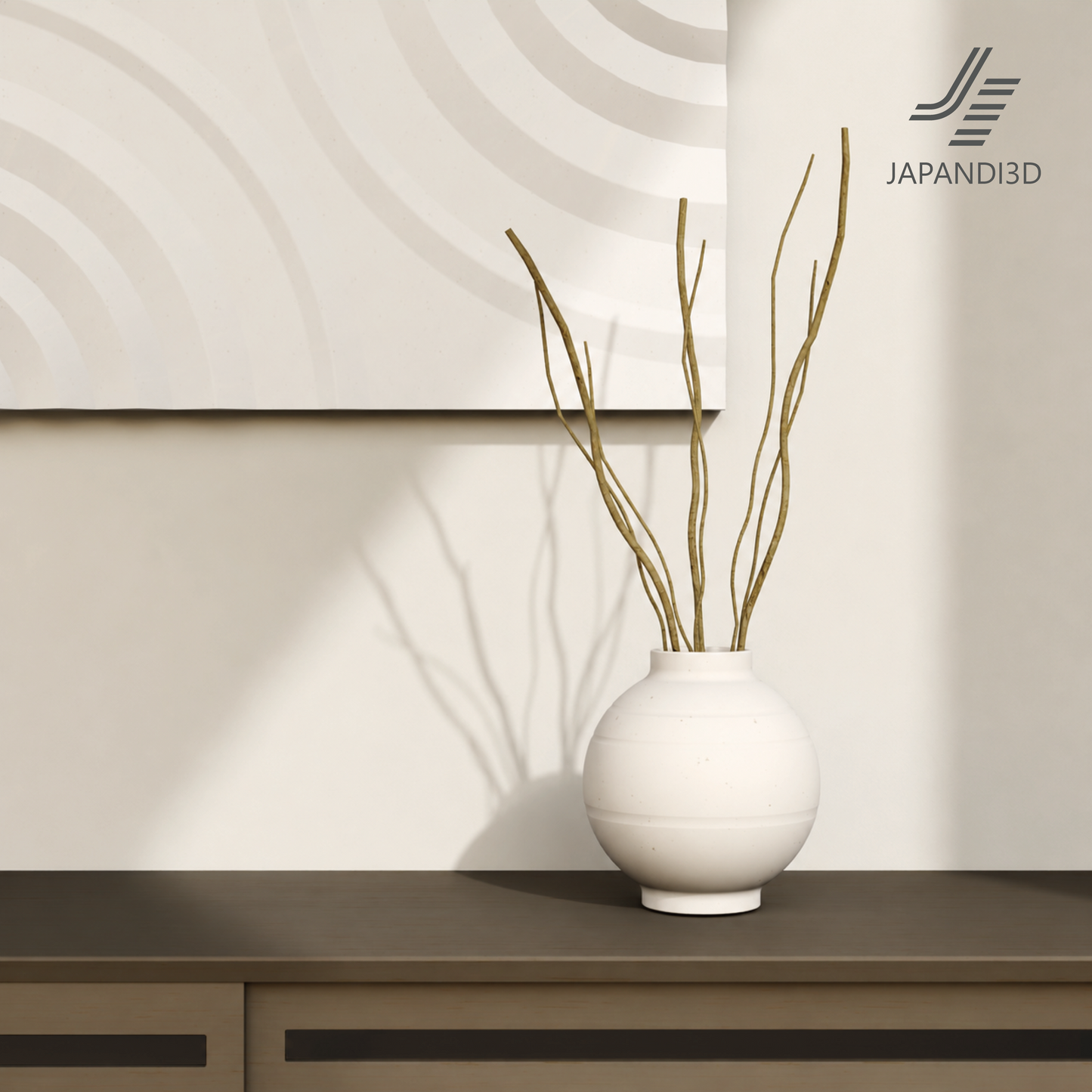 Decorative Branches 3D Model - Branches in Rounded Vase - Shelf and Console Accent - Wabi-Sabi Decor