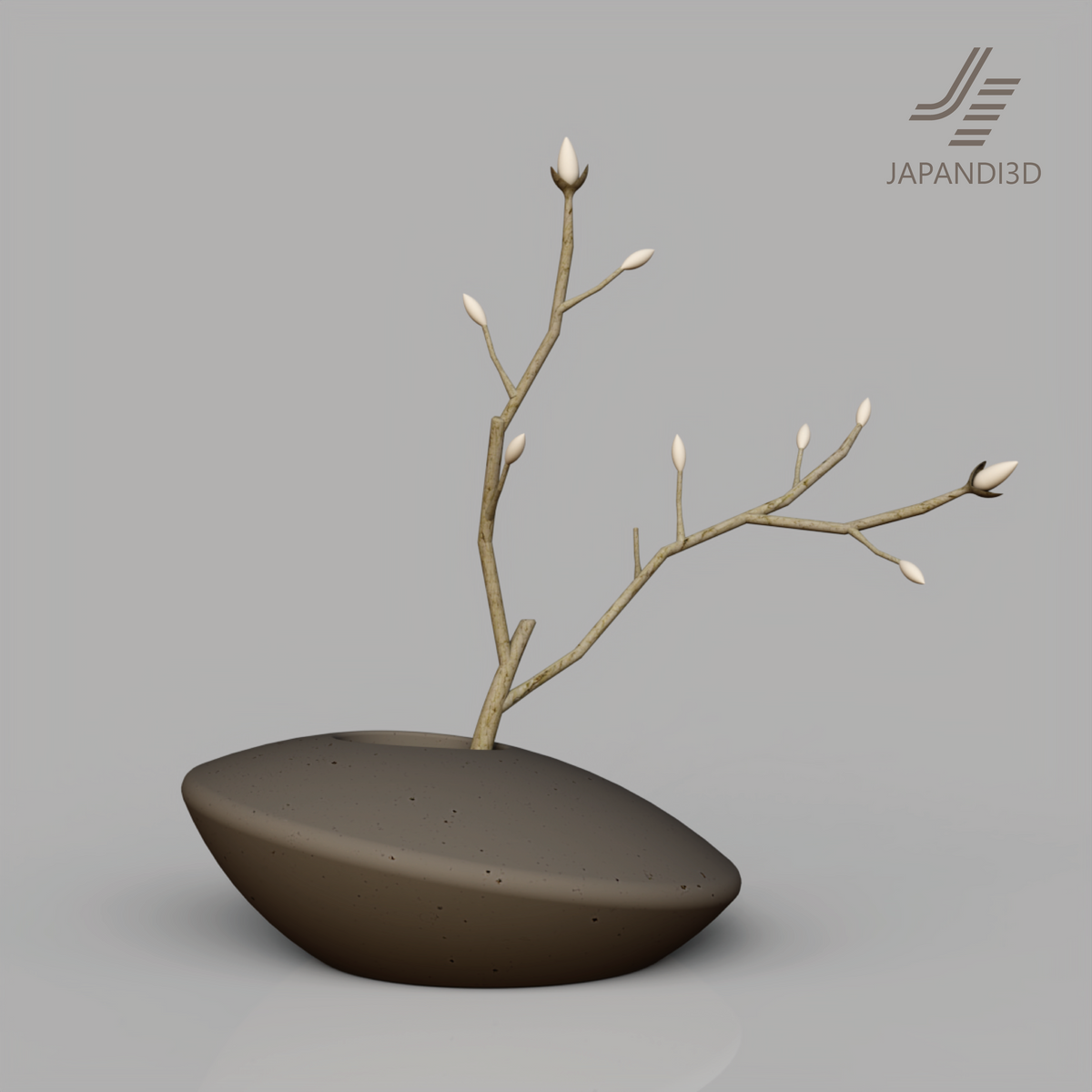 Decorative Branches with Low Vase 3D model, organic branch lines with milky white buds in low wide vase, FBX GLB assets for Japandi interior rendering