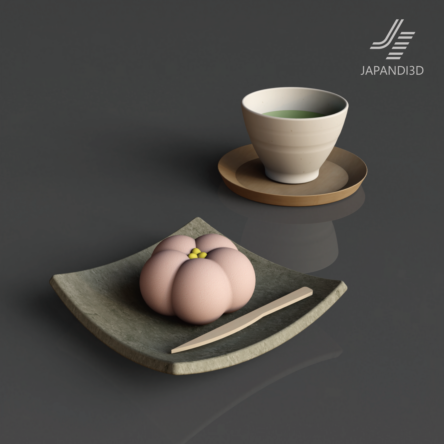 Japanese Tea and Wagashi Set 3D model, sakura-shaped wagashi with tea cup and wooden saucer, FBX GLB assets for Japandi interior rendering